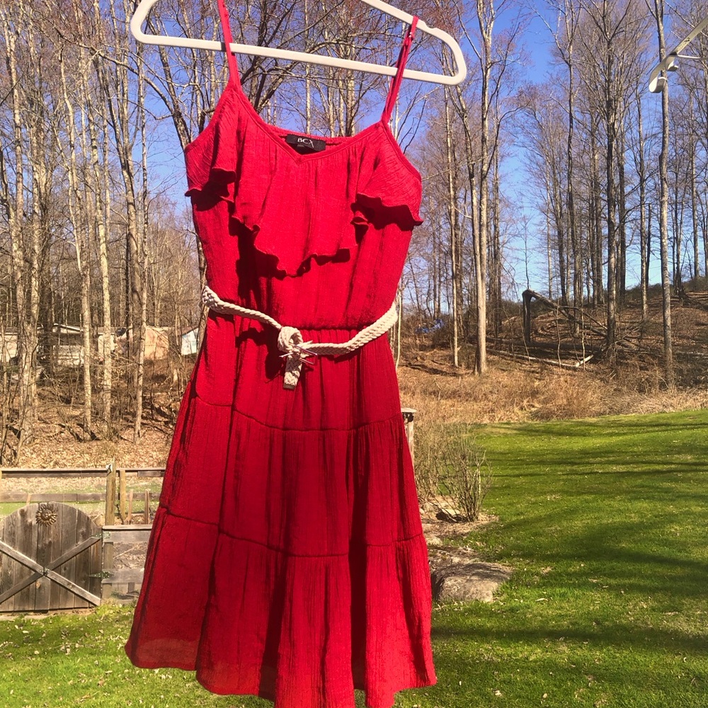 Totally cute, swingy, summer weight red sundress with trendy macrame belt